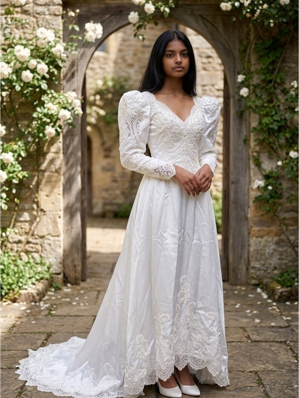 Vintage 80s Wedding Dress Size 8 Lace Beaded Train Puff Sleeve Princess Diana